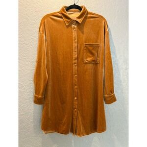 Velvet Shirt Dress, Long Sleeve Button Down Collared, Gold Brown, Womens Size S